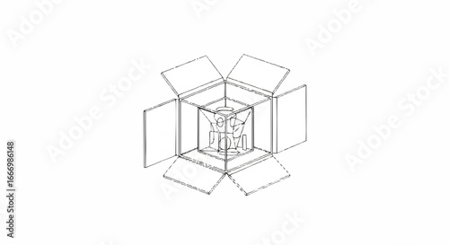 Diagram showing the flatpack assembly of a cube-shaped box.