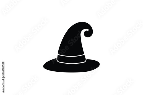A black cartoon witch hat with a curled tip and white trim is shown silhouette