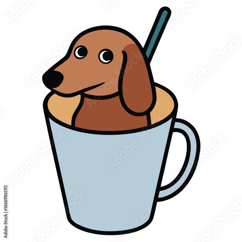 Cute Dachshund Dog Sitting in a Coffee Mug with Spoon