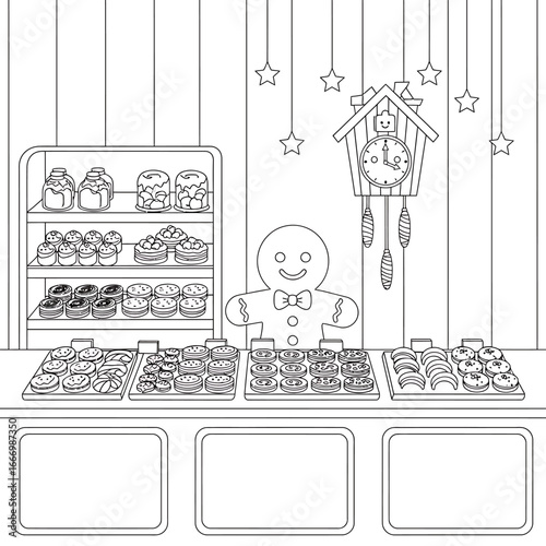 Cheerful Gingerbread Man Bakery Shopkeeper with Assorted Cookies.