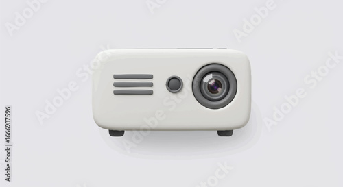 A minimalist top-down view of a compact white portable projector with a prominent lens and speaker grille on a light grey background.