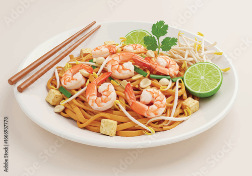 A plate of Pad Thai with shrimp, peanuts, bean sprouts, and lime.