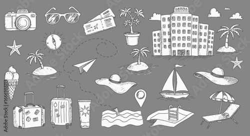 A delightful collection of hand-drawn vacation travel elements including a camera sunglasses tickets a hotel building palm trees suitcases ice cream hats a sailboat a beach chair with umbrella and mor