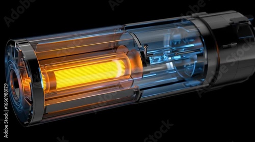 A cutaway animation of a sleek cylindrical Small Modular Reactor (SMR), showing internal components such as the reactor core, control rods, coolant flow, and containment layers, designed with a clean 