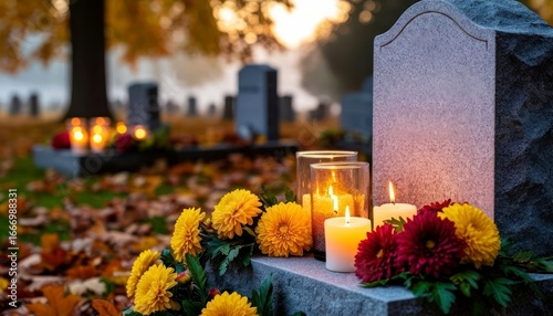 A serene cemetery scene during All Saints' Day. A gravestone adorned with yellow and red flowers, surrounded by lit candles. Autumn leaves cover the ground.