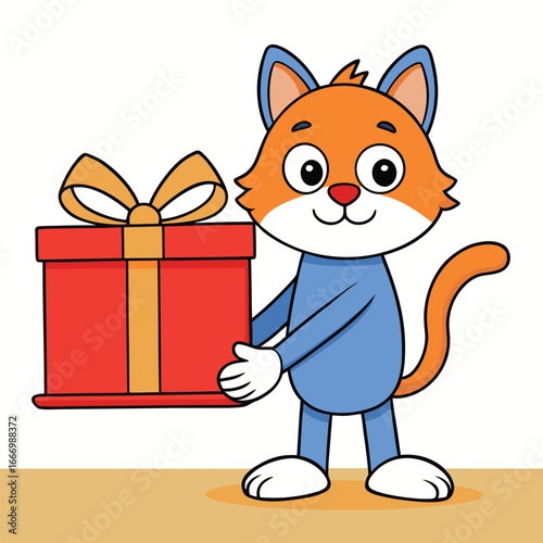 Cute cartoon cat giving a red gift box