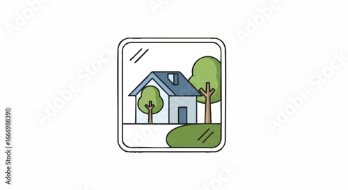 Stylized illustration of a house with trees in a framed icon, depicting residential property and nature.