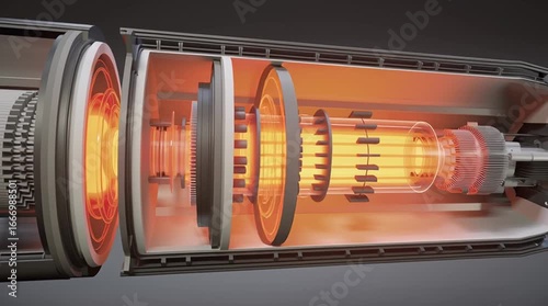 A cutaway animation of a sleek cylindrical Small Modular Reactor (SMR), showing internal components such as the reactor core, control rods, coolant flow, and containment layers, designed with a clean 