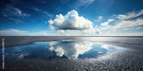 Serene landscape of a vast, empty paved expanse reflecting a majestic cumulus cloud in a still puddle