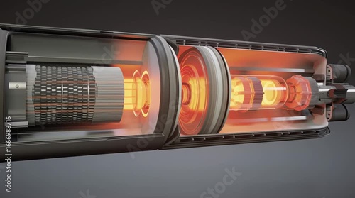 A cutaway animation of a sleek cylindrical Small Modular Reactor (SMR), showing internal components such as the reactor core, control rods, coolant flow, and containment layers, designed with a clean 