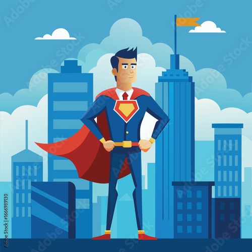A cartoon illustration of a businessman dressed as a superhero, standing confidently amidst skyscrapers.