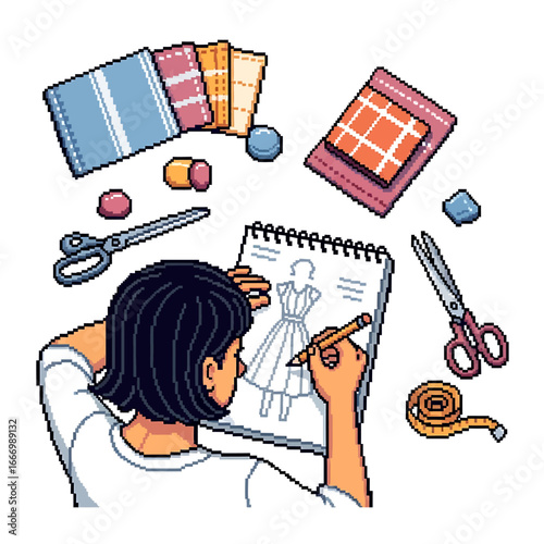 Pixelated illustration of a fashion designer sketching a dress design surrounded by sewing supplies.