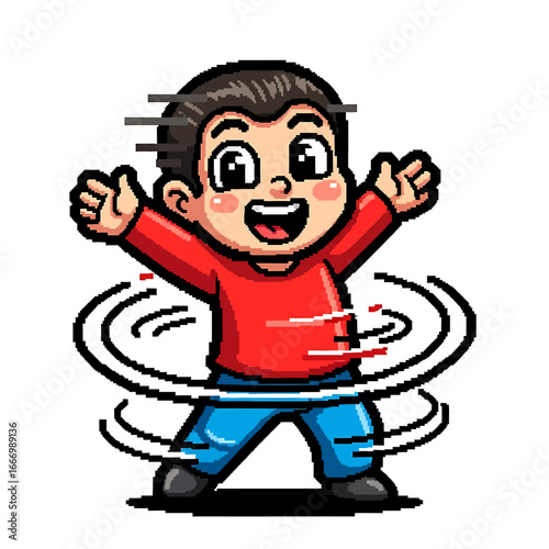 Cartoon boy joyfully spinning a hula hoop.
