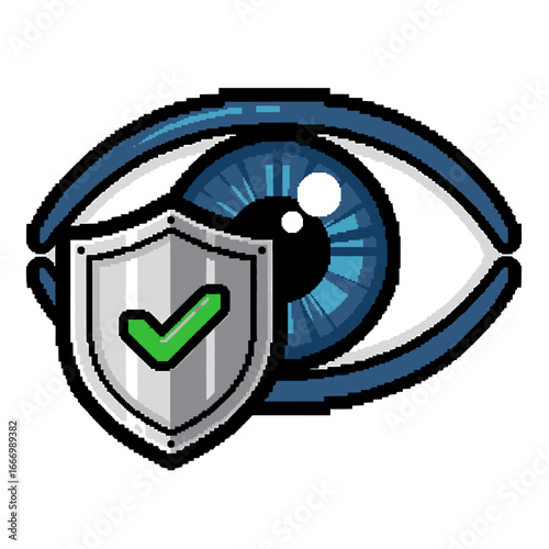 A stylized blue eye with a shield bearing a green checkmark, symbolizing security or protection.