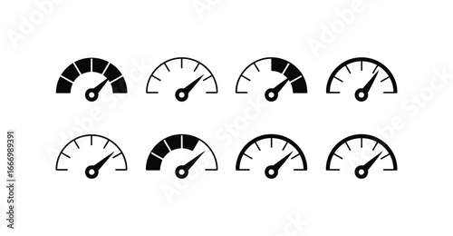  Set of eight black gauge icons with varied needle positions—symbols of speed, performance, progress, metrics, and dashboard indicators
