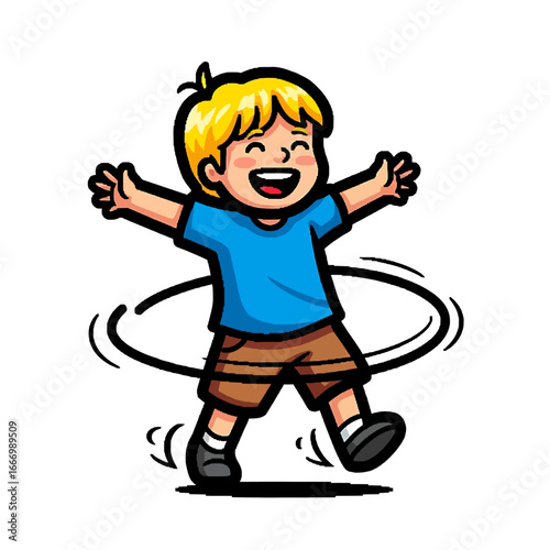 Cartoon boy joyfully spinning a hula hoop.