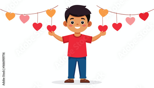 A happy boy holds heart decorations, with a garland of hearts hanging above him.