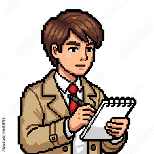 Pixel art illustration of a man in a trench coat writing in a notepad with a pen.