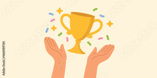  Golden trophy held by raised hands with confetti and sparkles—symbol of victory, achievement, celebration, success, and recognition