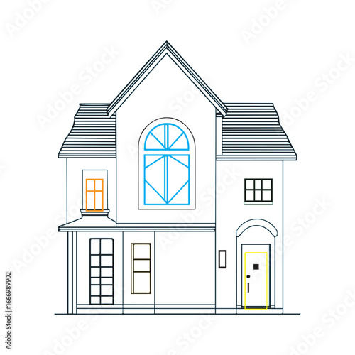 Vector art of a drawing of a house with various windows and a door