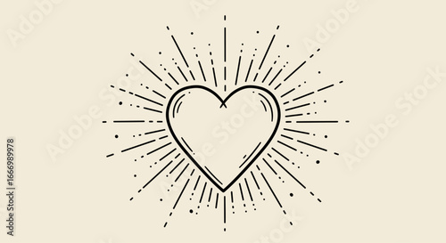 Mystical Black Heart Symbol with Radiant Sunburst Rays Emanating Outward on a Beige Background representing Love and Protection in Occult Practices and Esoteric Symbolism