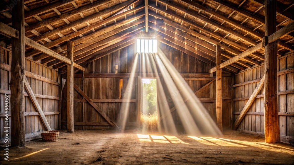 Fototapeta premium Rustic wooden barn interior bathed in sunbeams streaming through a high window, illuminating dust motes and a simple woven basket