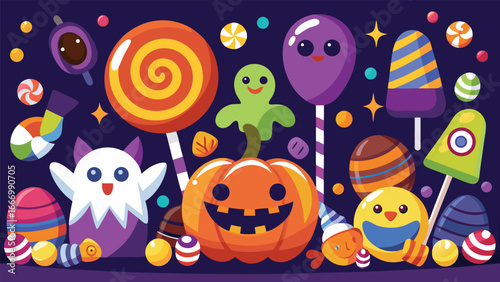 Vibrant and diverse halloween candies collection featuring various sweets and treats