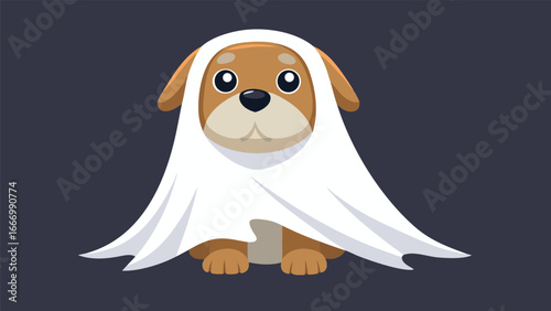 Adorable dog dressed as a friendly ghost playfully draped in a white sheet for halloween