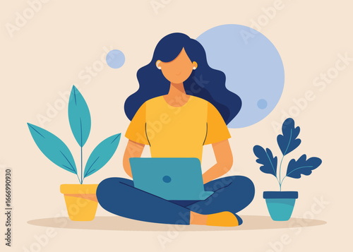 Woman working on laptop in a cozy home office setting illustration