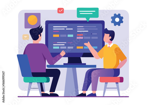 Two developers collaborating on a software project discussing code and project management