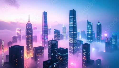 Fototapeta Naklejka Na Ścianę i Meble -  Futuristic city skyline with neon lights in evening fog suggesting tech innovation, cyberpunk aesthetics or digital transformation themes
