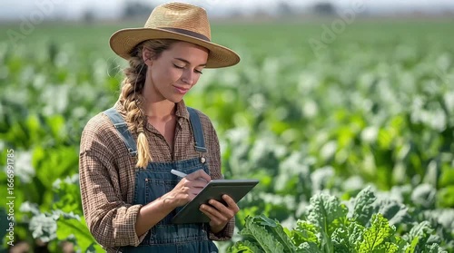 A female farmer controls a drone and inspects a vegetable field, sending data to the cloud from a tablet. Smart and digital agriculture