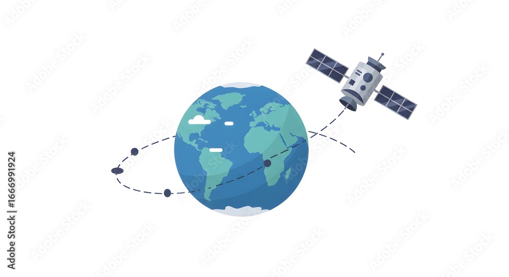 Fototapeta premium Satellite Orbiting Earth: Flat Design, Global Communication Concept, Modern Technology Illustration