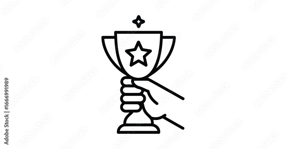 Obraz premium Hand holding trophy with star icon and sparkle—symbol of achievement, recognition, excellence, victory, and award-winning success