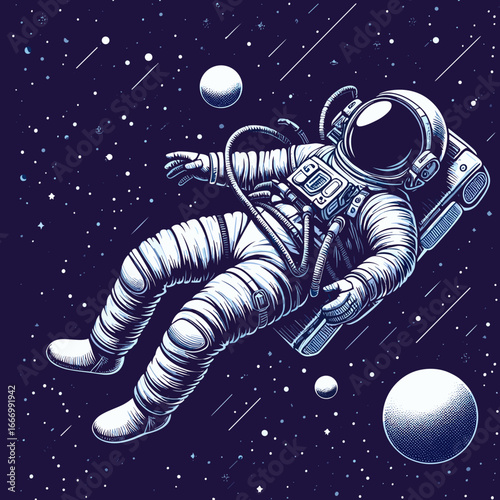Astronaut vector illustration with planets and stars in cosmic space on dark background for modern graphics, creative branding, and abstract character art