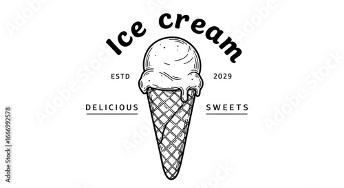 Enjoy our delicious ice cream sweets served in a cone with a classic vintage design promoting a delightful frozen dessert experience perfect for summer