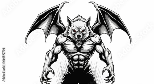 Muscular Werewolf with Bat Wings Illustration