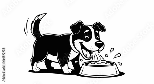 Happy Dog Eating from Food Bowl Illustration