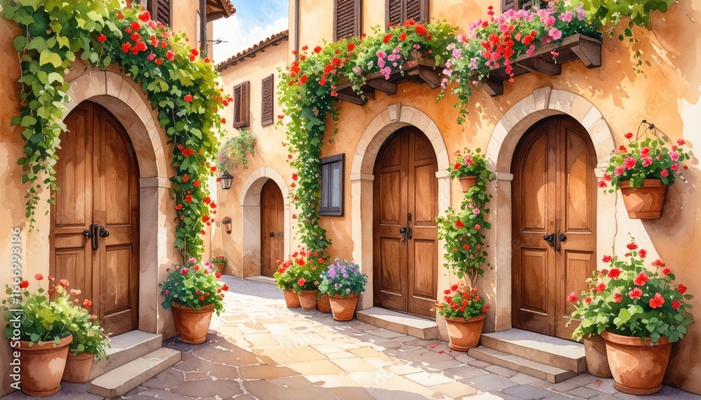 Fototapeta premium Quaint Mediterranean street with potted flowers and arched doors evokes charm, relaxation and European summer travel through colorful rustic ambiance