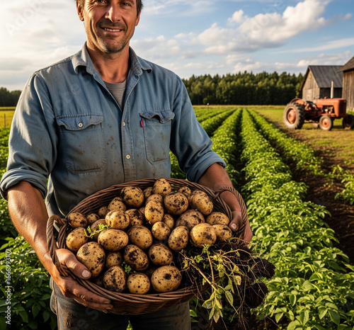 Proud farmer holding fresh potatoes after harvest in the field, healthy eating