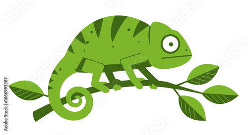 A Vibrant Green Chameleon with Large Eyes Perched on a Twig with Leaves