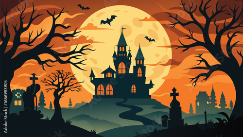 Spooky halloween scene with a bright full moon featuring classic holiday elements and a dark eerie atmosphere
