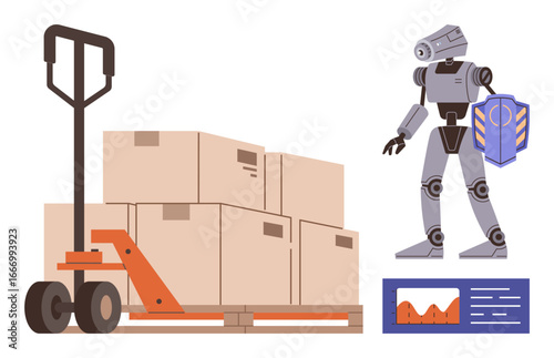 Robot beside pallet truck loaded with boxes, examining logistics data. Ideal for automation, AI, logistics, productivity, shipping, futuristic technology minimalism. Simple flat metaphor