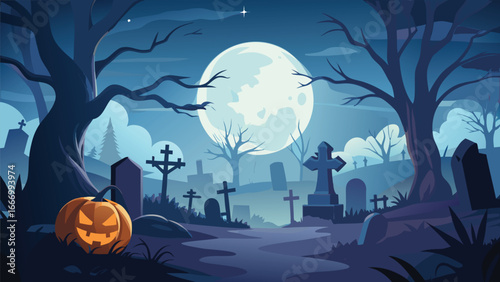 Spooky fog filled graveyard scene under a massive dark moonlit sky with tombstones and trees