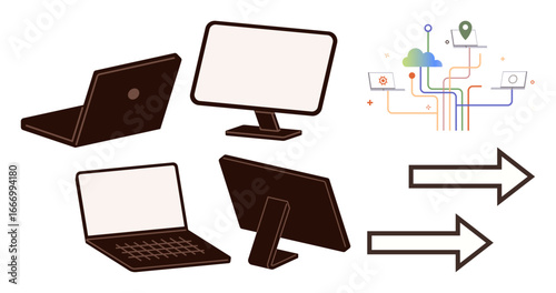 Laptops and monitors linked with cloud network illustration, sharing data via arrows. Ideal for technology, data sharing, connectivity, information transfer, digital networks, teamwork