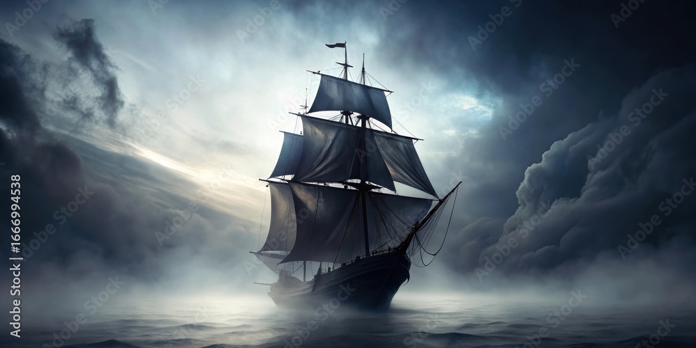 Fototapeta premium A Majestic Sailing Vessel Navigates Through a Dark and Misty Sea Under a Dramatic Sky