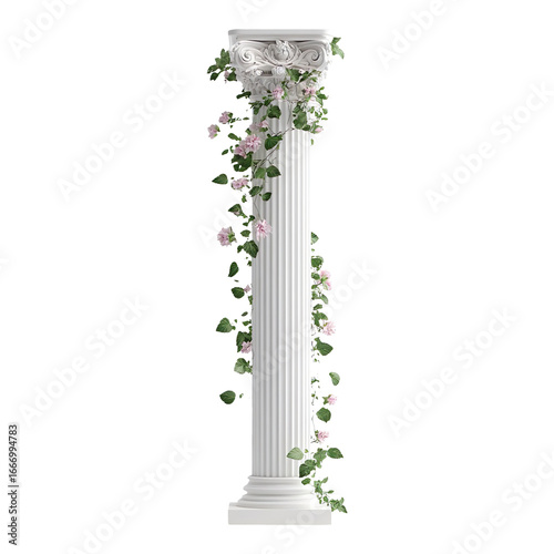 white roman pillar greek column with bouquet and climbing flower plant isolated on transparent background