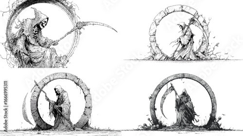 Monochrome illustration of the Grim Reaper holding a scythe within circular frames. Gothic, mysterious, and ideal for dark art or tattoo design concepts.