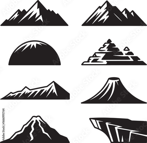 Collection of diverse mountain silhouettes in black and white