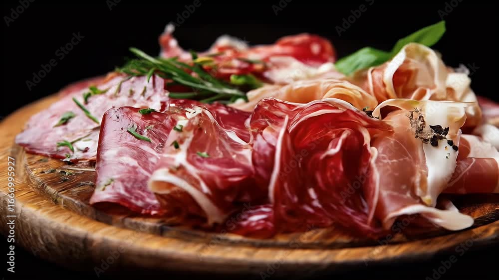 Assorted cured meats on a wooden platter Assorted cured meats on a wooden platter